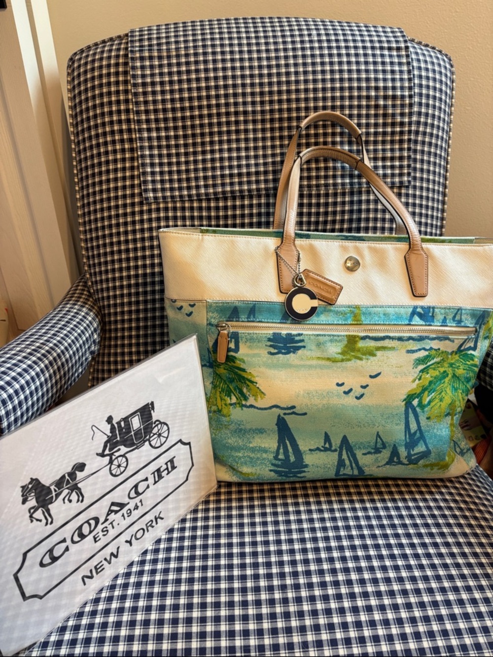 Coach resort large  Canvas beach Tote in Cream with Blue and Green Coastal Print